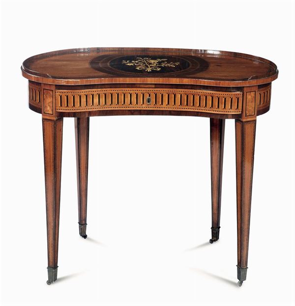 A half-moon shaped table, veneered and inlaid in walnut, bois de rose and violet wood, ebony, boxwood and other precious woods, Piedmont, late 18th century, likely the work of Giovanni Battista Galletti (Venaria Reale 1735, Turin 1819)