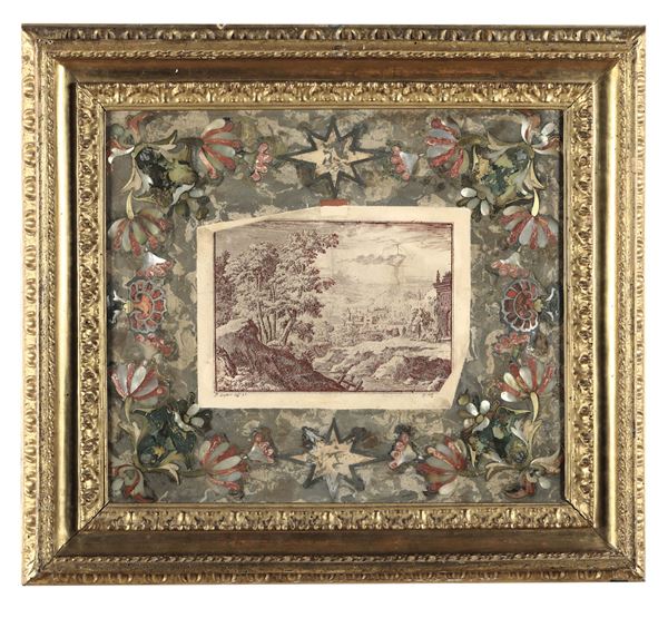 A trompe l'oeil in polychrome scagliola, mother-of-pearl, pewter and brass. Roman frame in carved and  [..]