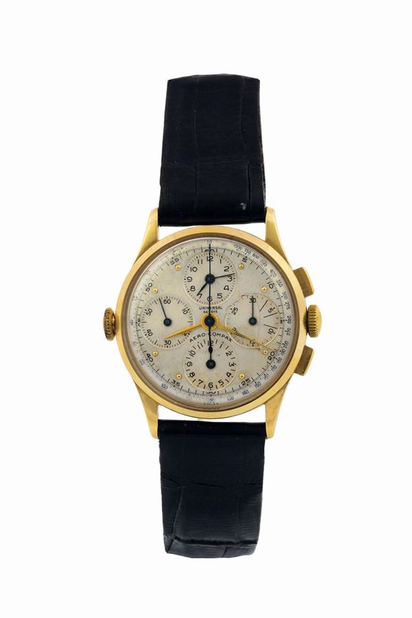 UNIVERSAL GENEVE, AEROCOMPAX, Ref.52205, raro orologio da polso, in oro giallo 14K, cronografo con quadrante memento. Realizzato nel 1950 circa