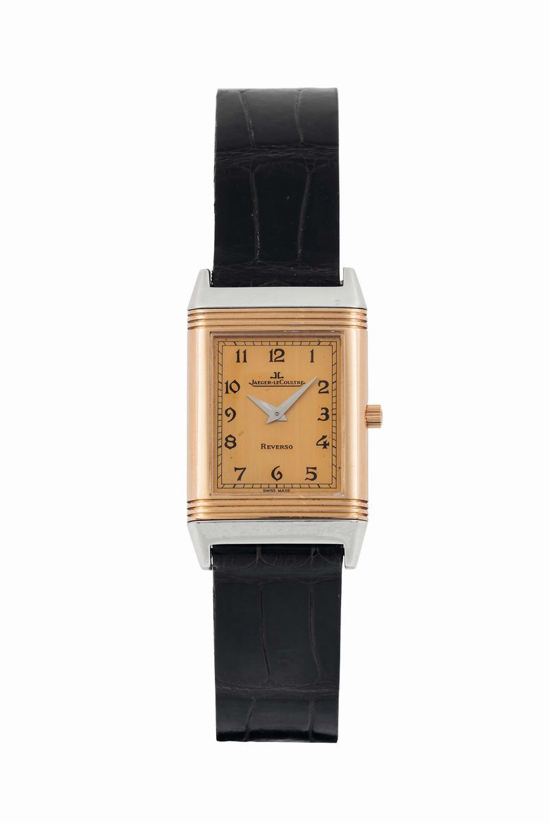 Jaeger-LeCoultre, Reverso, No 18/60. Ref. 250.486. Made in a limited edition of only 60 pieces in 1997. Fine, rectangular, 18K pink gold  and stainless steel reversible wristwatch with a stainless steel Jaeger LeCoultre deployant clasp. Accompanied by the original box, Guarantee, additional black dial and instruction booklet.  - Auction Watches and Pocket Watches - Cambi Casa d'Aste