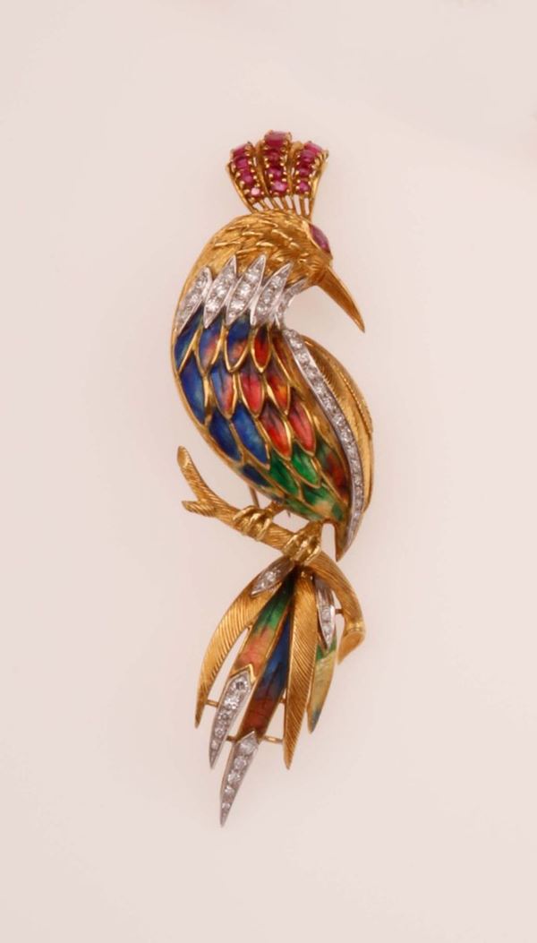 Spilla Uccello del Paradiso con smalti policromi, diamanti e rubini