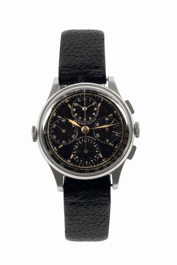 UNIVERSAL GENEVE, Aéro-Compax, cassa No. 826226, Ref. 22414. Raro orologio da polso, in acciaio, cronografo con scala tachimetrica e quadrante ausiliare memento. Realizzato nel 1941 circa