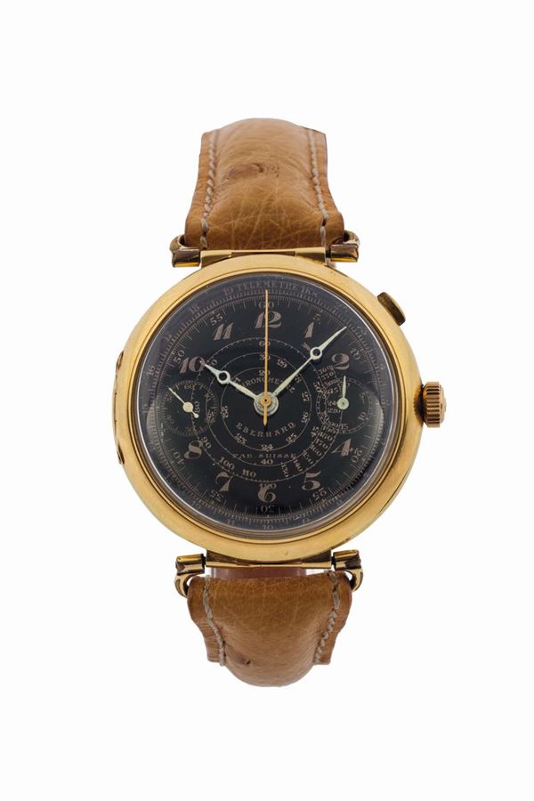 Eberhard, Chronometre, Fab. Suisse. Orologio da polso, cronografo monopulsante, in oro giallo 18K. Realizzato circa nel 1930