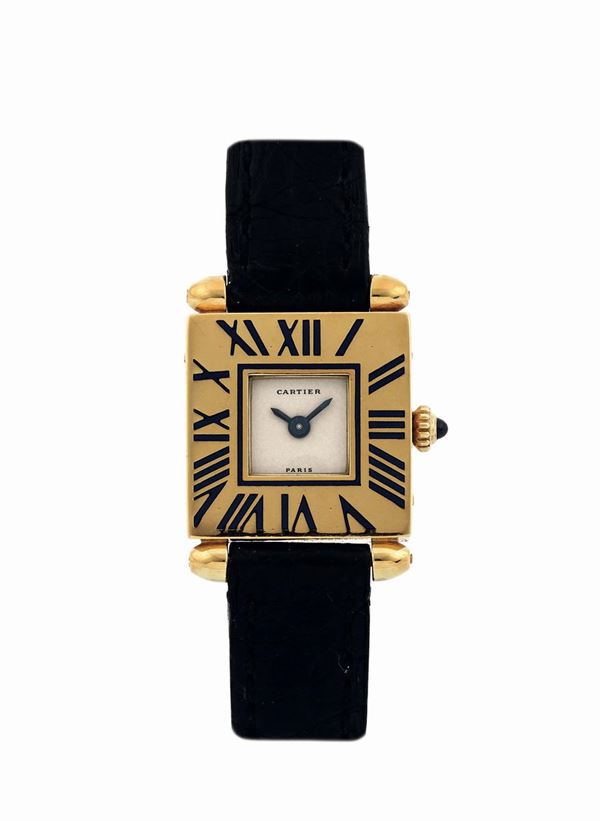 CARTIER, Paris, Tank Obus. Raro, orologio da polso, di forma quadrata, in oro giallo 18K, al quarzo con fibbia originale. Realizzato nel 1970 circa