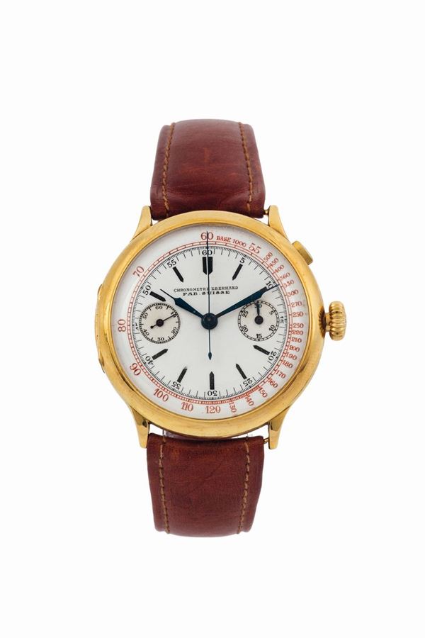 Eberhard, Chronometre, Fab. Suisse, cassa No. 221266. Orologio da polso, raro, in oro giallo 18K con cronografo monopulsante e quadrante in smalto. Realizzato nel 1920 circa