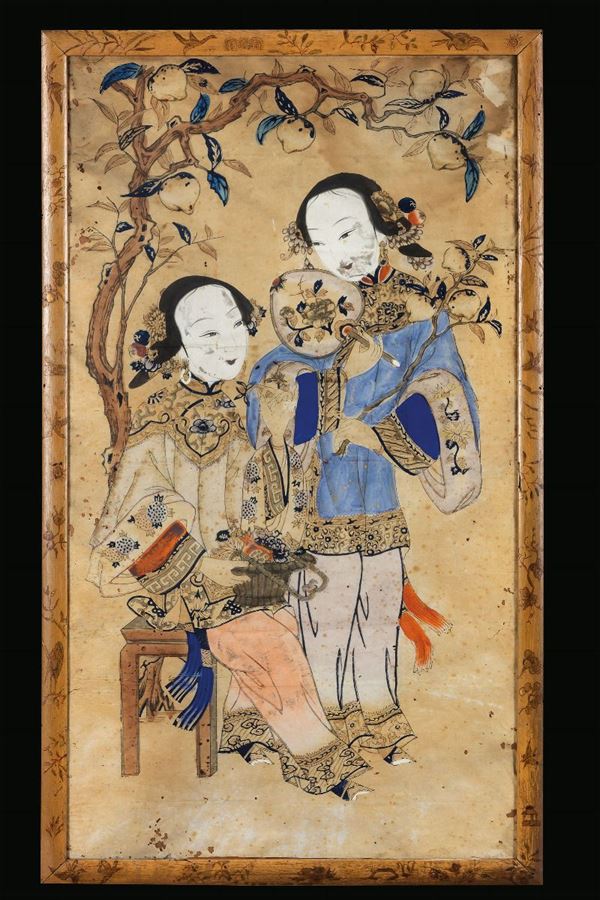 Gruppo di tre dipinti su carta raffiguranti Guanyin e corte, Cina, Dinastia Qing, XIX secolo