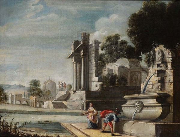 Scuola del XVIII secolo Paesaggio con architetture e coppia di giovani presso una fontana