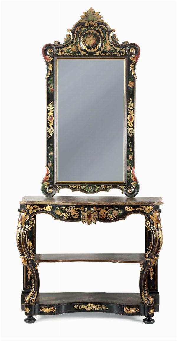 Consolle con specchiera in legno ebanizzato e dipinto, seconda metà XIX secolo