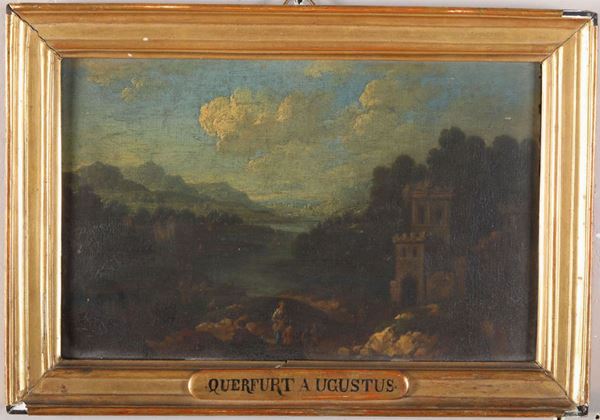 Augustus Querfurt (Wolfenbüttel 1696 - Vienna 1761), attribuito a Paesaggio fluviale con castello e figure