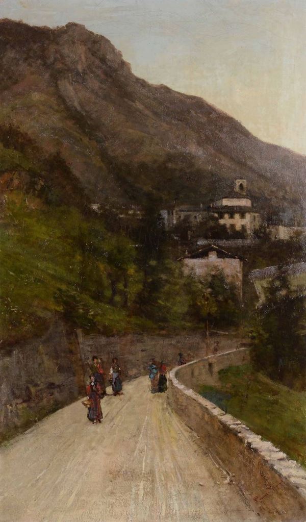Lorenzo Gignous (1862 - 1958) Paesaggio con strada e figure
