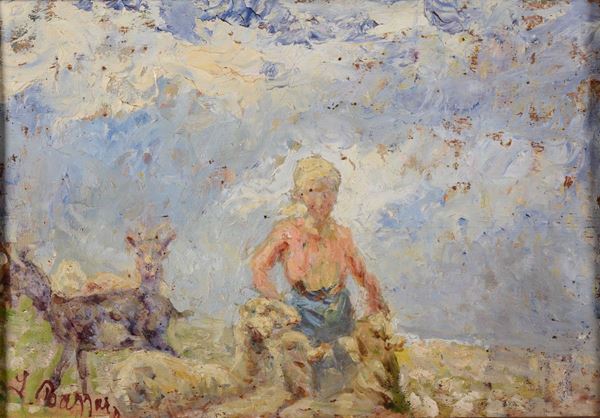 Leonardo Bazzaro (1853-1937) Pastorella con capre e pecore