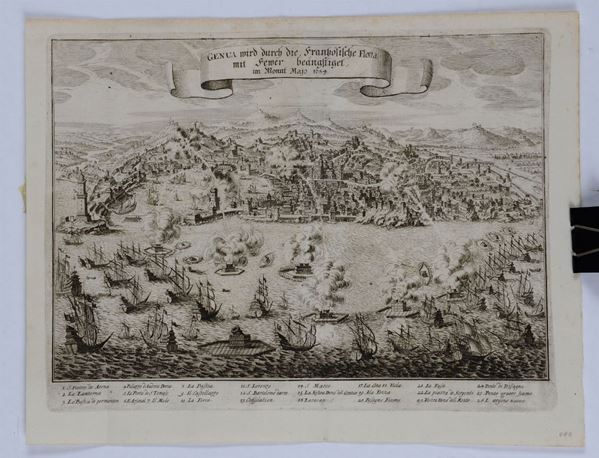 Anonimo Veduta della città di Genova durante il bombardamento del 1684 da parte della flotta francese. Incisione realizzata in ambito tedesco, fine del secolo XVII