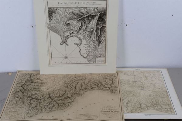 E.Lapie Carte d'una partie du Piemont et la Republique de Genes e altre due carte topografiche incise del secolo XIX