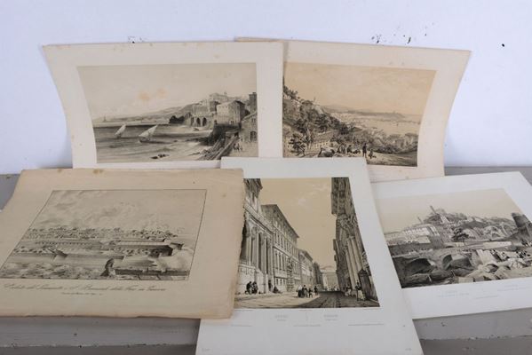 Genova. Vedute litografiche Lotto di cinque grandi vedute di Genova, secolo XIX