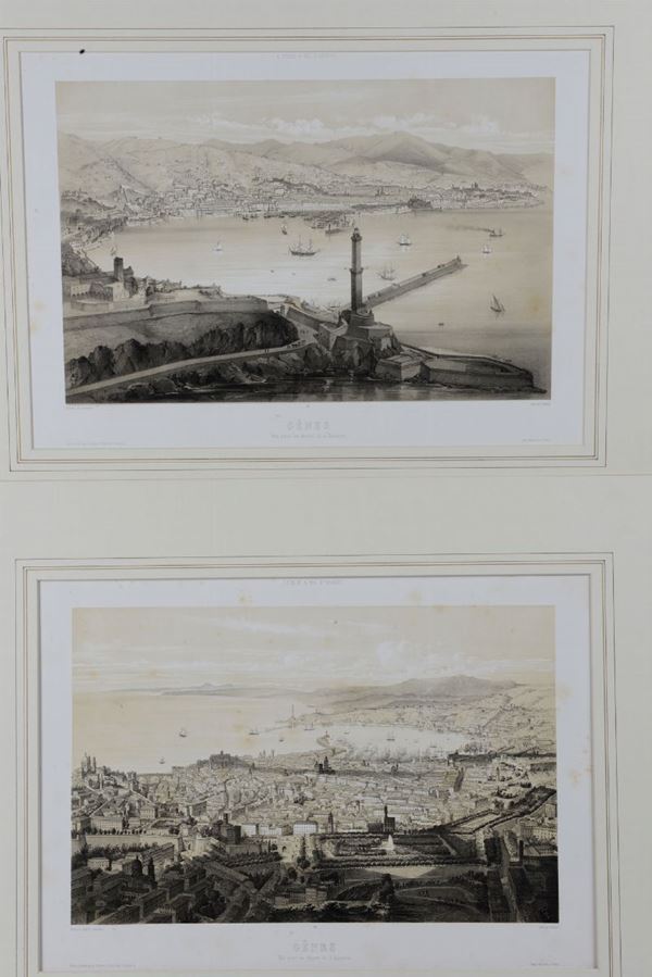 Guesdon/Schultz Due belle vedute litografiche di Genova, tratte dalla serie L'Italie a vol d'oiseau, Parigi Lemercier, metà XIX secolo