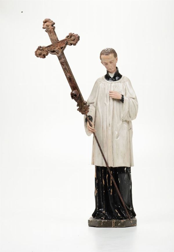Prelato con croce in legno dipinto. Scultore del XVIII secolo