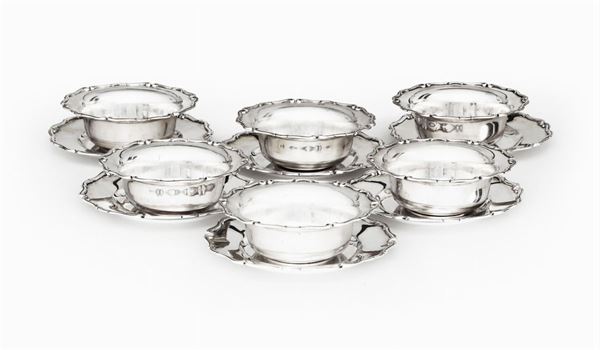 Sei coppette e sei piattini in argento, manifattura italiana del XX secolo