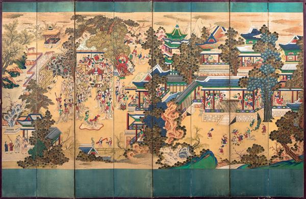 Grande paravento a otto ante con pannelli in seta dipinta raffiguranti scene di vita comune, Cina, XIX  [..]