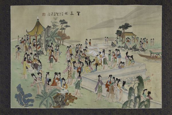 Coppia di dipinti su seta raffiguranti cortigiane con iscrizioni, Cina, inizio XX secolo