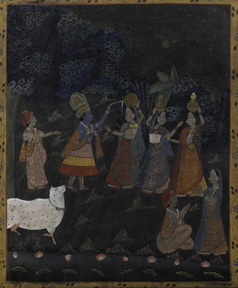 Dipinto su tela raffigurante scena rituale, India, XIX secolo  - Asta Arte Orientale - Cambi Casa d'Aste
