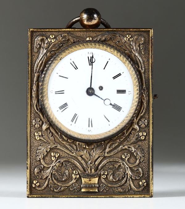 Orologio da carrozza in metallo dorato, XVIII-XIX secolo