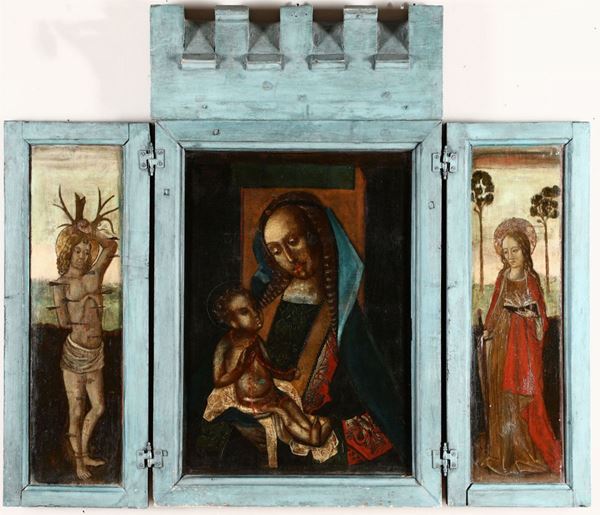 Scuola dell'Italia settentrionale della fine del XIX secolo Trittico raffigurante Madonna con Bambino, Santi e l'Annunciazione