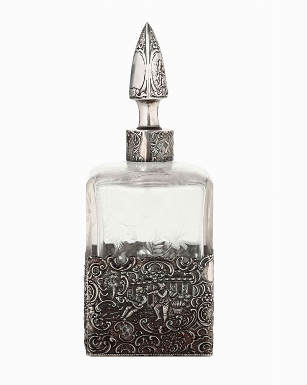Bottiglia in vetro ed argento sterling, probabilmente USA XX secolo