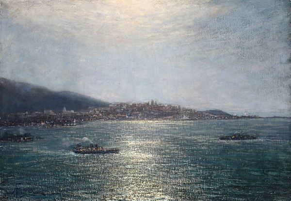 Andrea Figari (1858 - 1945) Notturno di Genova con basilica di Carignano sul fondo