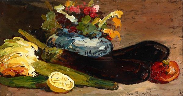 Giovanni Bartolena (1866 - 1942) Natura morta con melanzane e vaso di fiori