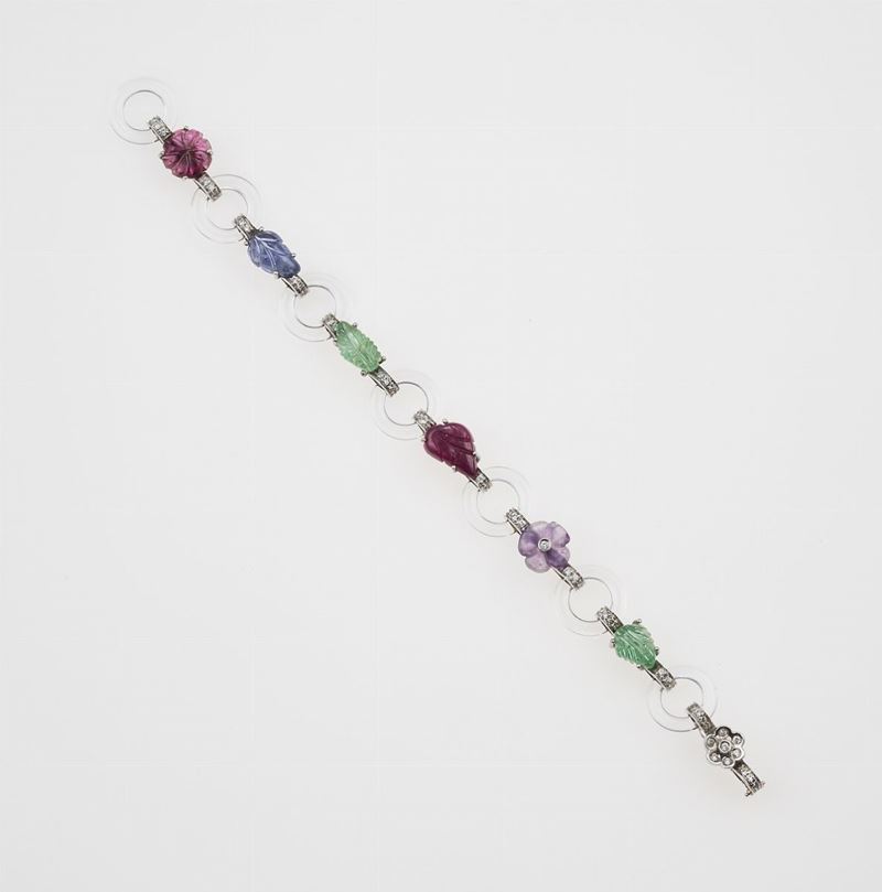 Dearest bracelet. Diamonds, amethyst, emeralds, ruby, sapphire, tormaline, rock crystal are mounted in white gold 750/1000  - Auction Timed Auction Jewels - Cambi Casa d'Aste