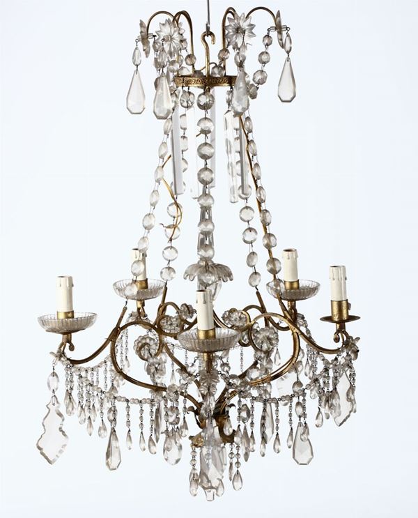 Lampadario a 5 luci in metallo e cristalli, XIX secolo