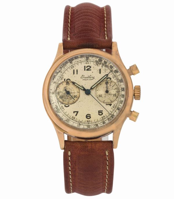 Breitling, Premier, Ref. 777. Raro, orologio da polso, cronografo, in oro rosa 18K. Realizzato nel 1940 circa