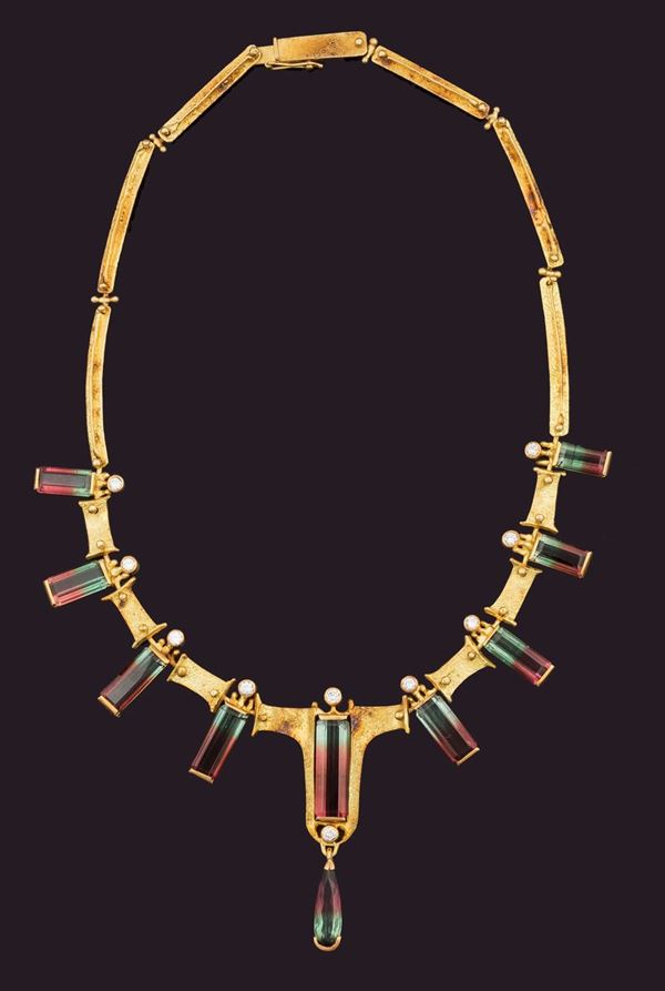Tourmaline and diamond gold necklace