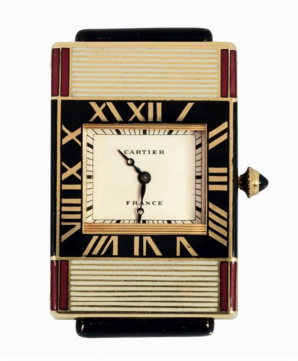 CARTIER, France, modello Ghigliottina. Raro, orologio da borsetta, in oro e smalti. Realizzato nel 1930 circa