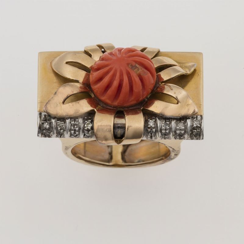 Carved coral, diamond, gold and silver ring  - Auction Timed Auction Jewels - Cambi Casa d'Aste