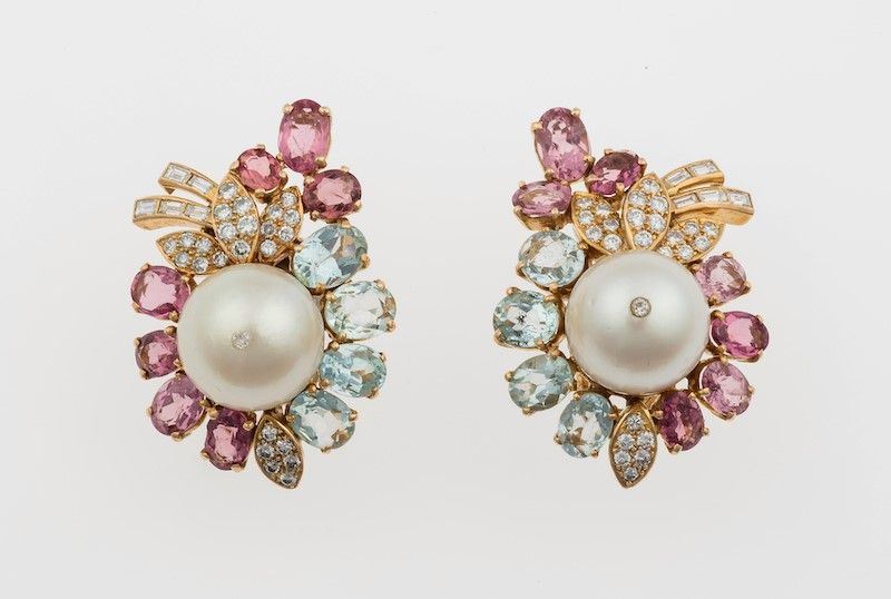 Pair of cultured pearl, diamond and gem-set earrings  - Auction Fine and Coral Jewels  [..]