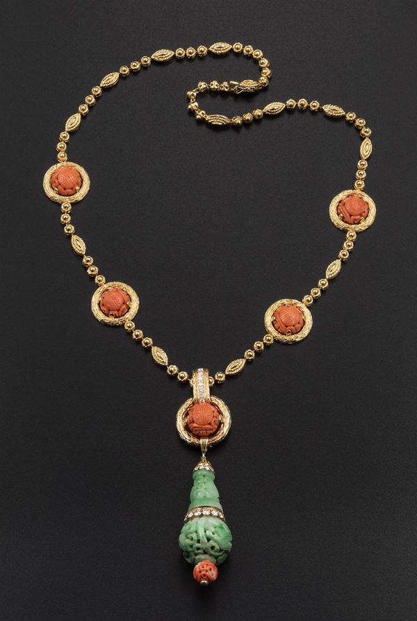 Carved coral and jade with diamond sautoir