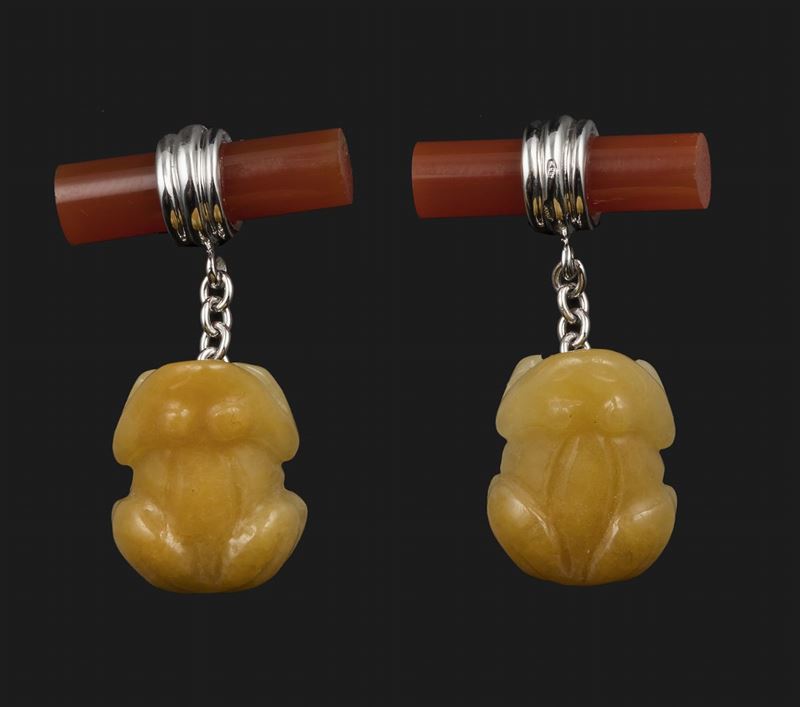 Bottoni da polso Rana con giada gialla e corniola  - Asta Fine Coral Jewels - I - Cambi Casa d'Aste