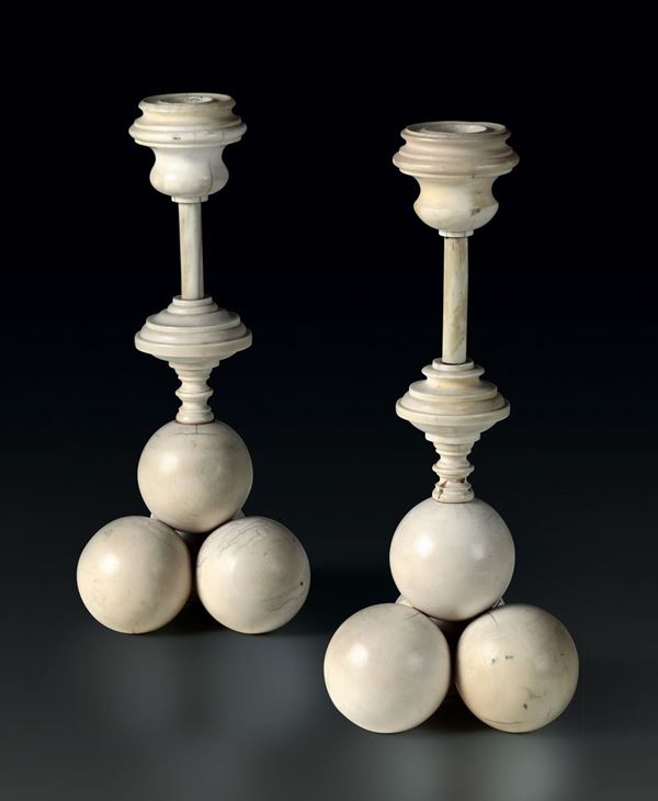 Two ivory candle holders, Germany, 1800s