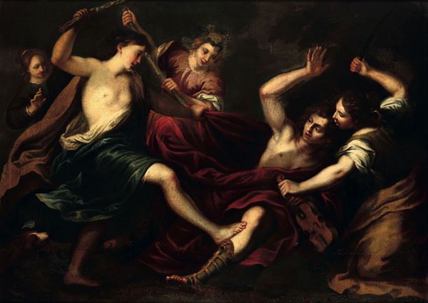 Scuola emiliana del XVII secolo Le baccanti sdegnate uccidono Orfeo