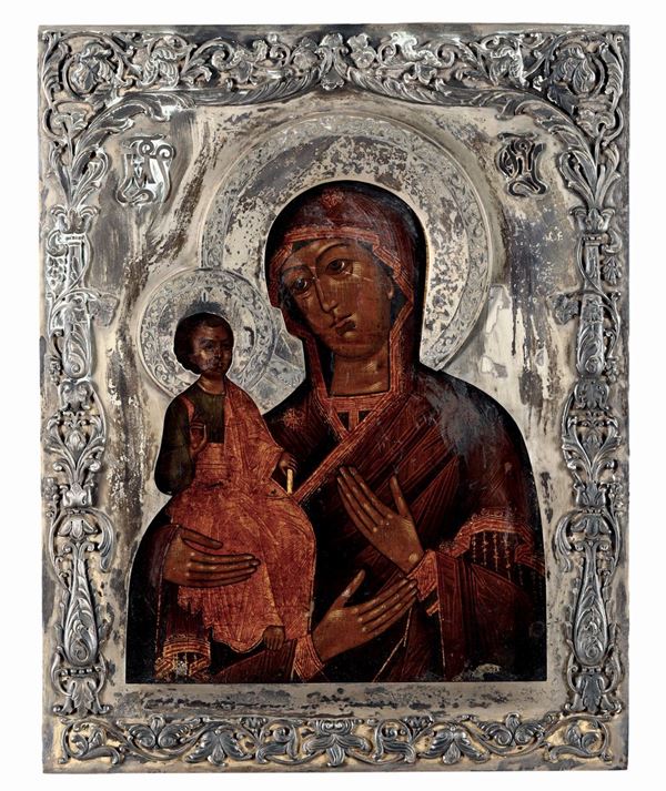 Icona raffigurante “Madonna delle tre mani” con riza in argento, Russia inizio XX secolo