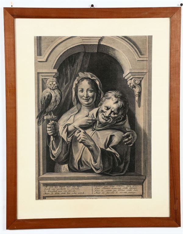 Pieter De Jode - Nicolas Le Cat Ritratti allegorici con civetta...Anversa, XVII.