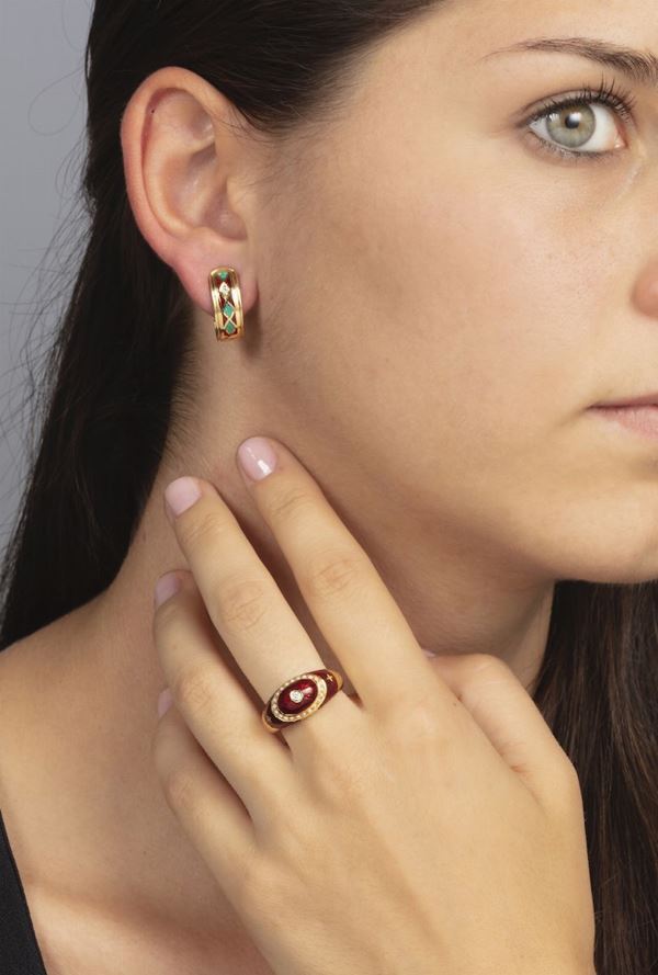 Fabergé. Demi-parure composta da anello ed orecchini con smalti policromi e diamanti