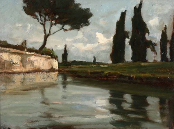 Francesco Sartorelli (1856-1939) Paesaggio lacustre con alberi