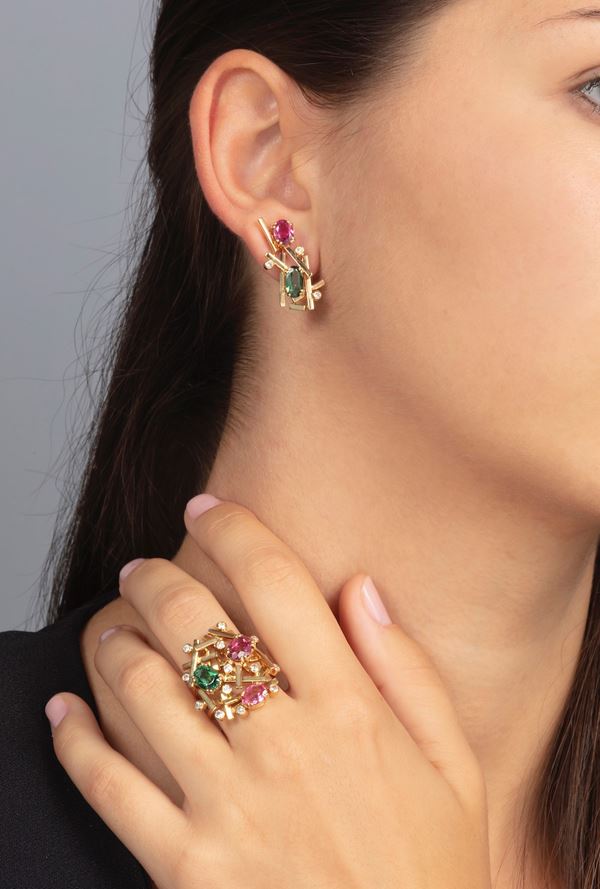 Demi-parure composta da anello ed orecchini con tormaline e diamanti