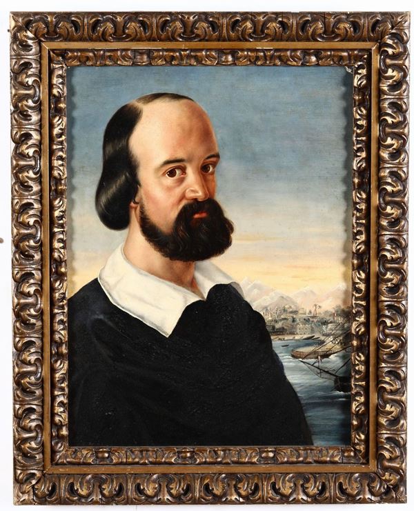 Anonimo inglese del XIX secolo Ritratto di gentiluomo con sfondo di città portuale