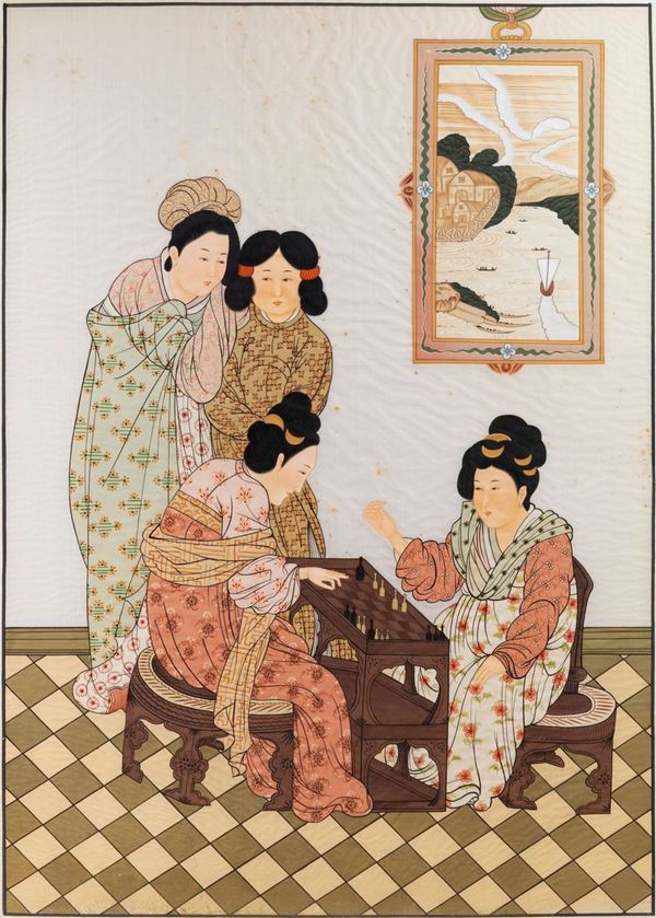 Dipinto su seta raffigurante fanciulle che giocano a scacchi, Giappone, XX secolo