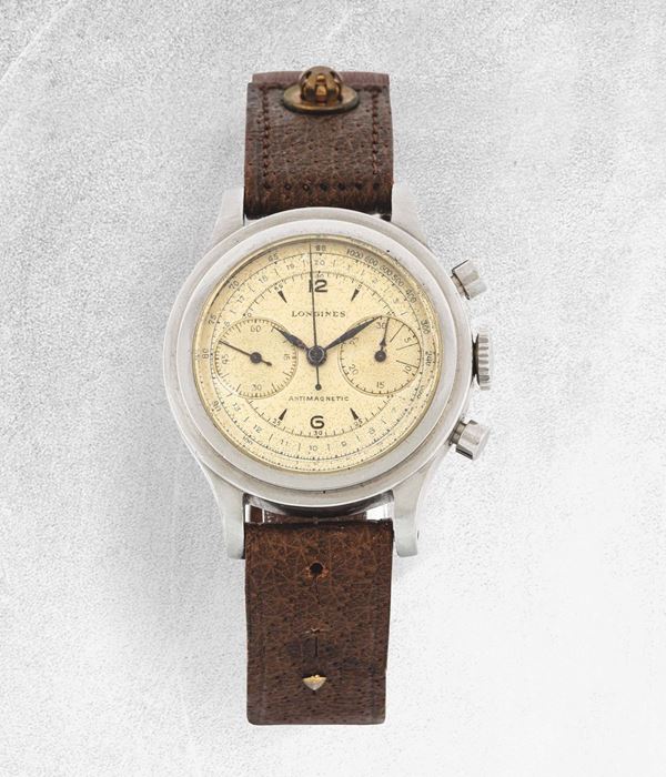 LONGINES - Cronografo anni '40-'50 in acciaio, scala tachimetrica.