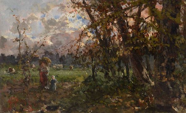 Pompeo Mariani (1857 - 1927) Paesaggio con figure