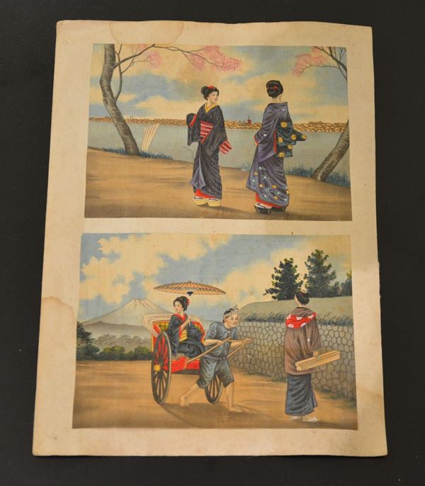 Dipinto su carta raffigurante scene di vita comune con fanciulle, Giappone, XX secolo